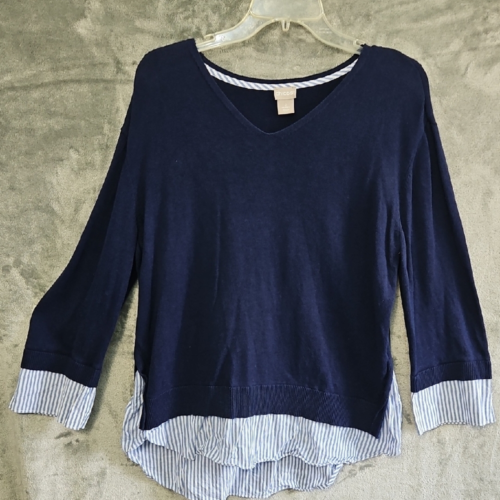 Chico's Lg Blue layered look Sweater blouse combo with Striped Detail